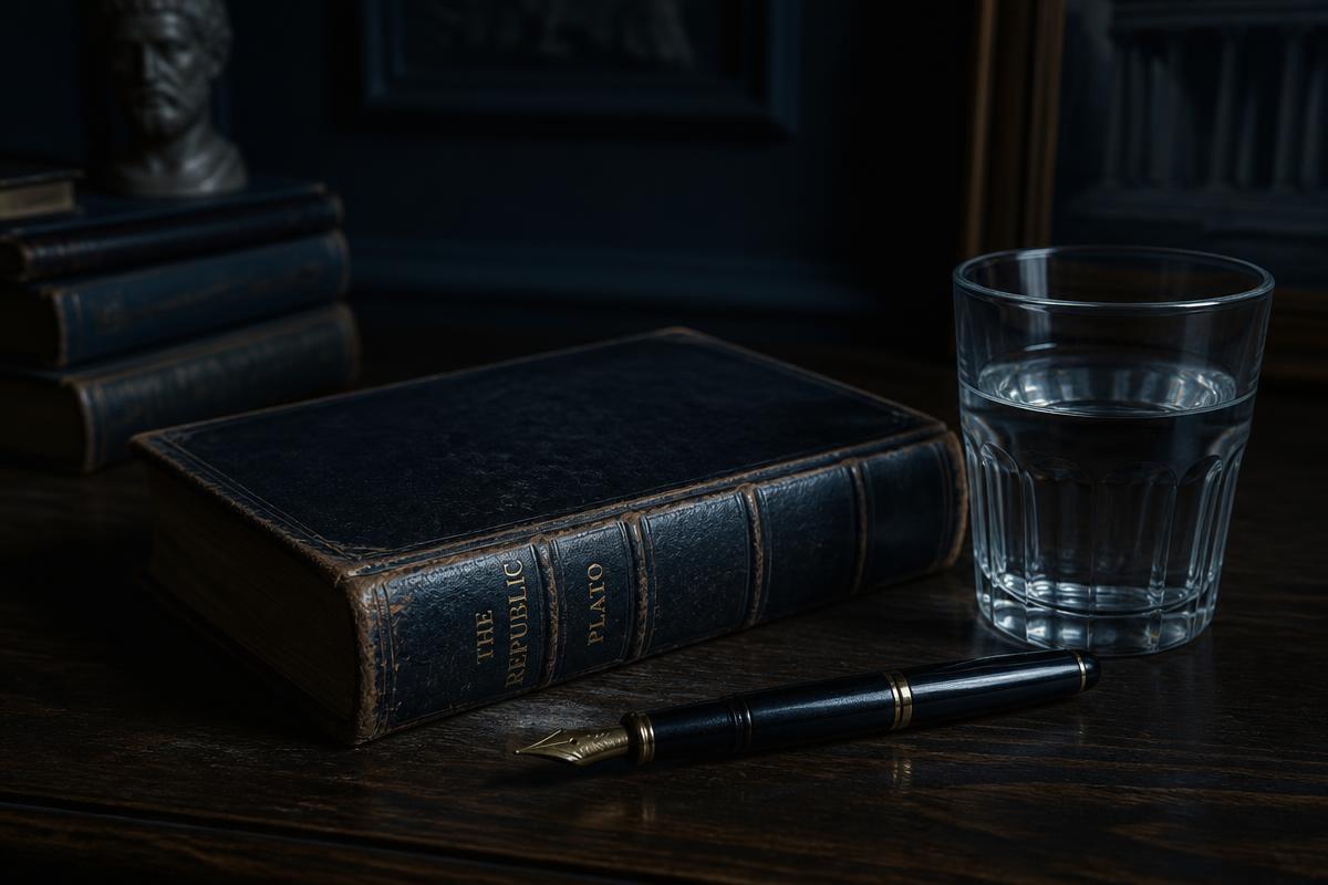 Livro de filosofia encadernado em couro, caneta-tinteiro e copo de água sobre mesa escura
